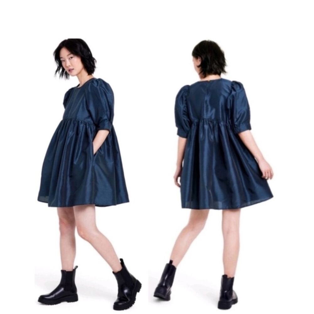 Kika Vargas X Target Deep Blue Sateen Puff Sleeve Baby Doll Mini Dress NWT Sz S